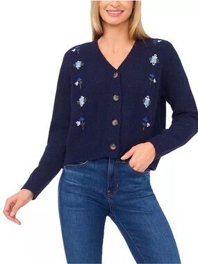 CeCe Floral Embroidered Long-Sleeve Cardigan Sweater New!